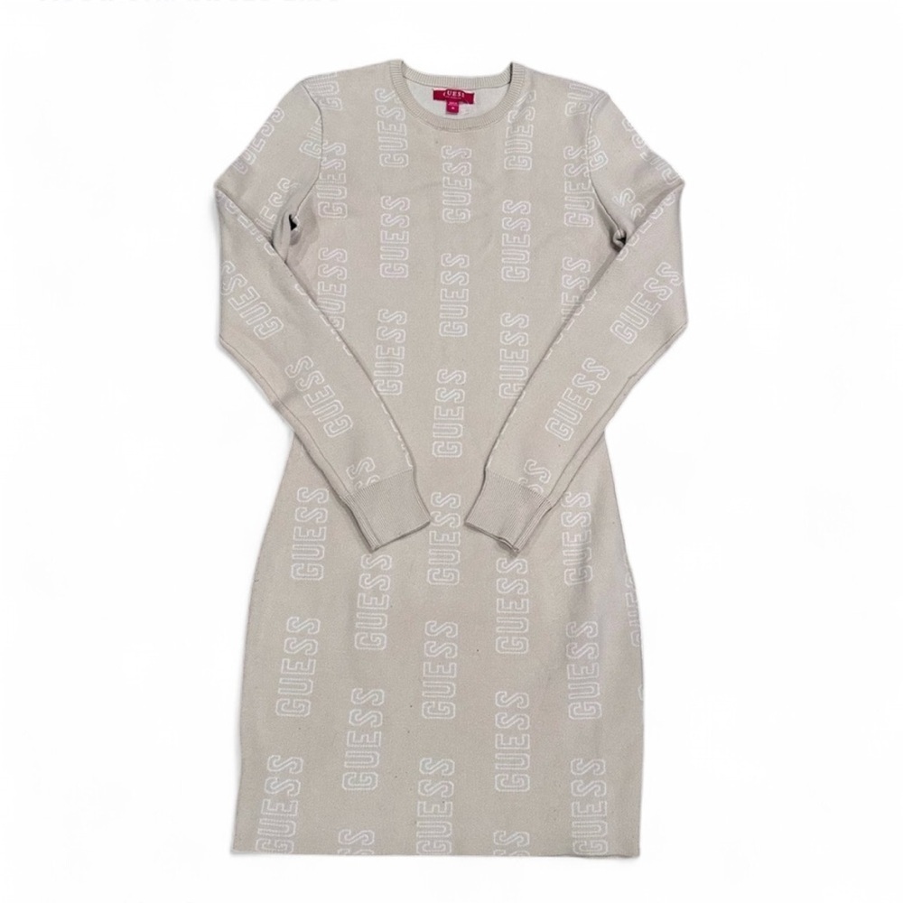 Guess Women's Cream Logo Long‎ Sleeve Knit Bodycon Sweater Dress Size Medium